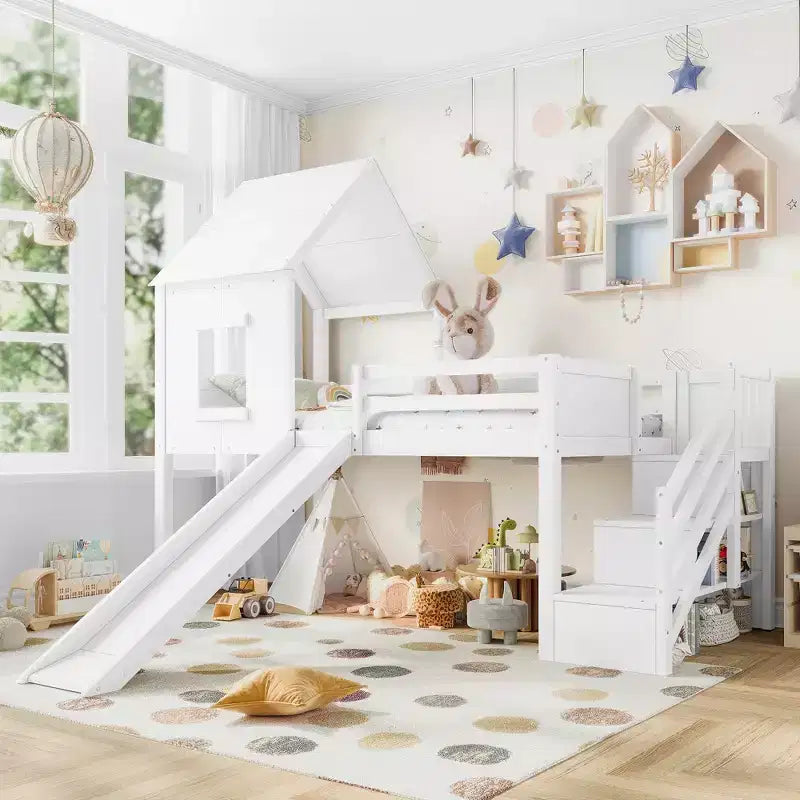Twin Size Loft Bed with 3 Drawers & Storage Stair, Wooden House-style Bed Frame with Slide and Removable Desk