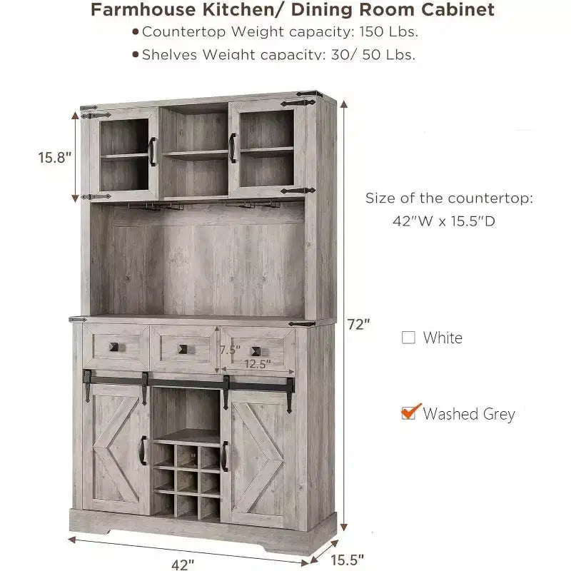 72 Tall Bar Cabinet Farmhouse Bar Station with Sliding Barn Door, Tall Kitchen Buffet with Storage Hutch and 3 Drawer, Rustic Wine Cabinet