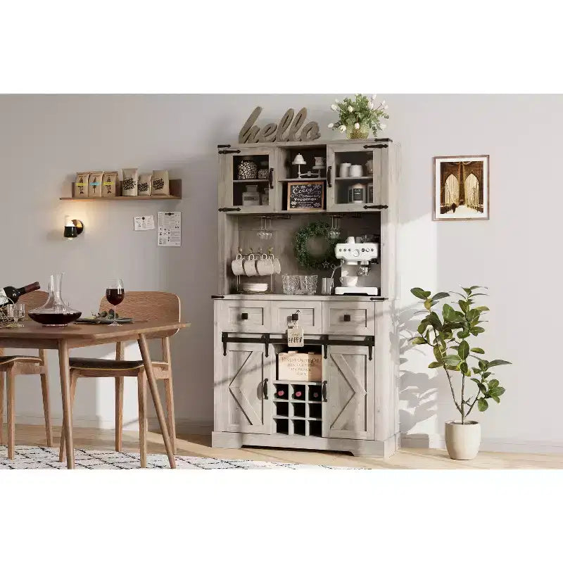 72 Tall Bar Cabinet Farmhouse Bar Station with Sliding Barn Door, Tall Kitchen Buffet with Storage Hutch and 3 Drawer, Rustic Wine Cabinet