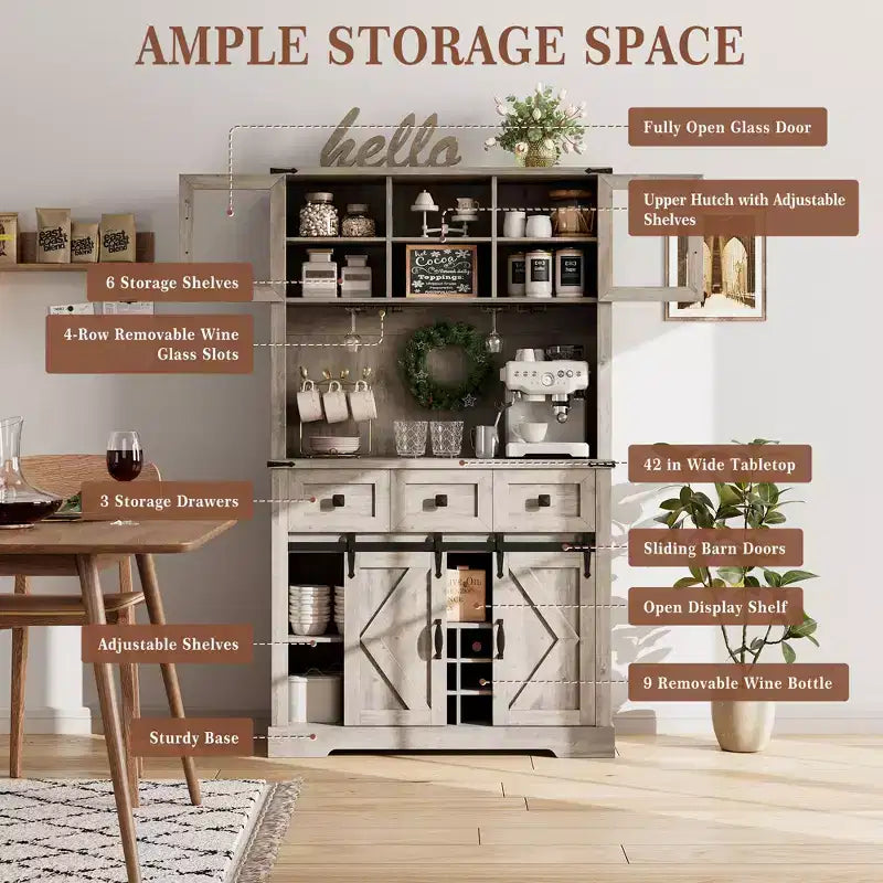 72 Tall Bar Cabinet Farmhouse Bar Station with Sliding Barn Door, Tall Kitchen Buffet with Storage Hutch and 3 Drawer, Rustic Wine Cabinet