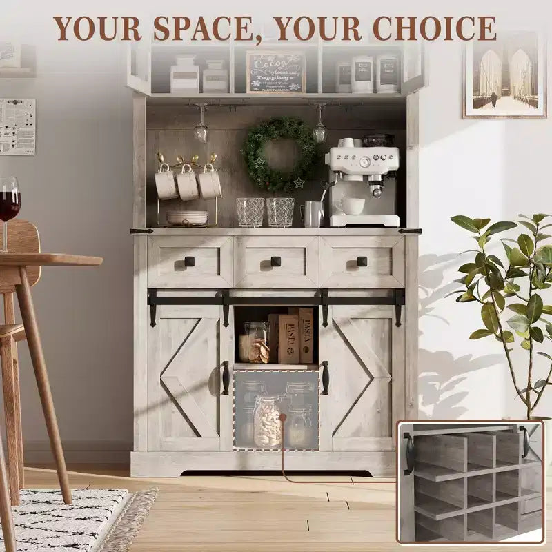 72 Tall Bar Cabinet Farmhouse Bar Station with Sliding Barn Door, Tall Kitchen Buffet with Storage Hutch and 3 Drawer, Rustic Wine Cabinet