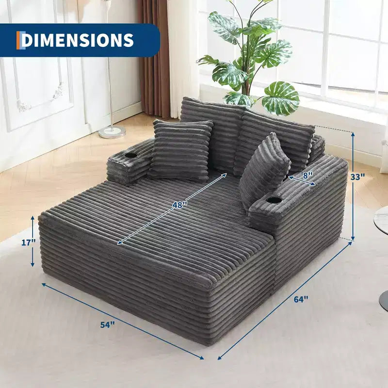 64 Oversized Chaise Lounge Chair, Upholstered Sleeper Sofa Bed with Cup Holders, Boneless Sleep Sofa Couch for Living Room, No Assembly