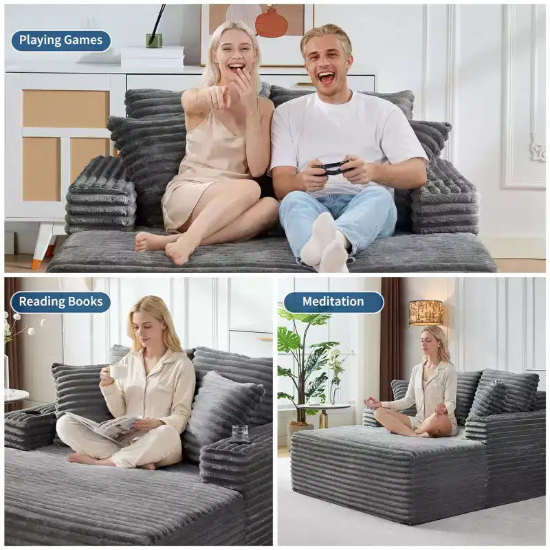 64 Oversized Chaise Lounge Chair, Upholstered Sleeper Sofa Bed with Cup Holders, Boneless Sleep Sofa Couch for Living Room, No Assembly