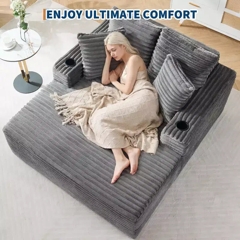 64 Oversized Chaise Lounge Chair, Upholstered Sleeper Sofa Bed with Cup Holders, Boneless Sleep Sofa Couch for Living Room, No Assembly