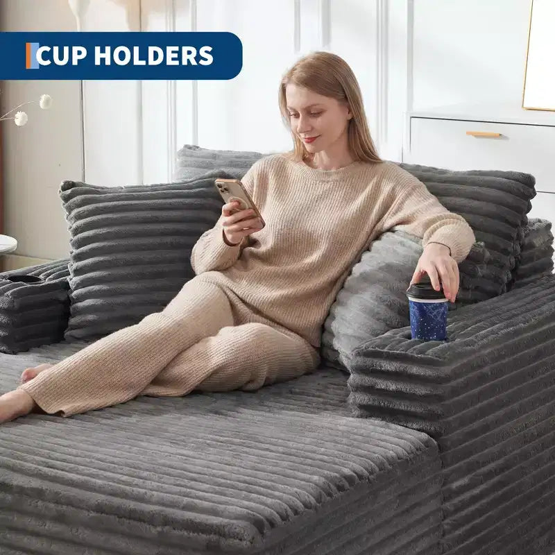 64 Oversized Chaise Lounge Chair, Upholstered Sleeper Sofa Bed with Cup Holders, Boneless Sleep Sofa Couch for Living Room, No Assembly