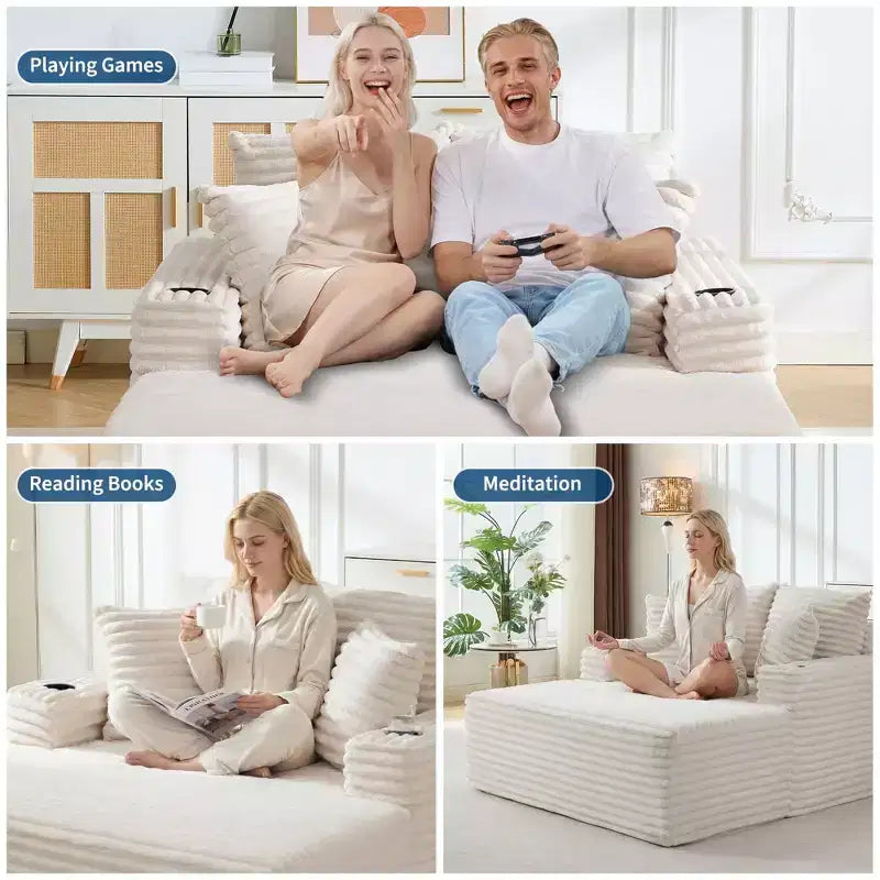 64 Oversized Chaise Lounge Chair, Upholstered Sleeper Sofa Bed with Cup Holders, Boneless Sleep Sofa Couch for Living Room, No Assembly