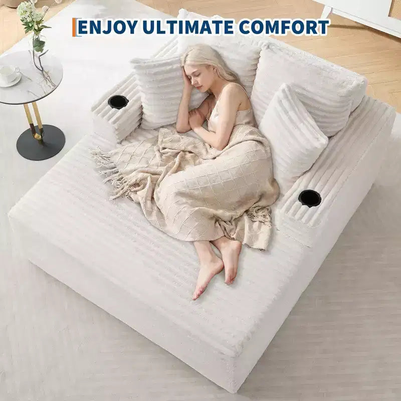 64 Oversized Chaise Lounge Chair, Upholstered Sleeper Sofa Bed with Cup Holders, Boneless Sleep Sofa Couch for Living Room, No Assembly