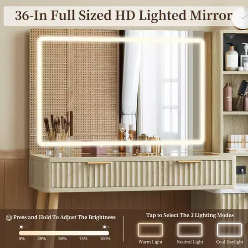36" Vanity Desk with Lighted Mirror, Wooden Makeup Table with Drawers, White & Oak Finish, LED Mirror for Bedroom