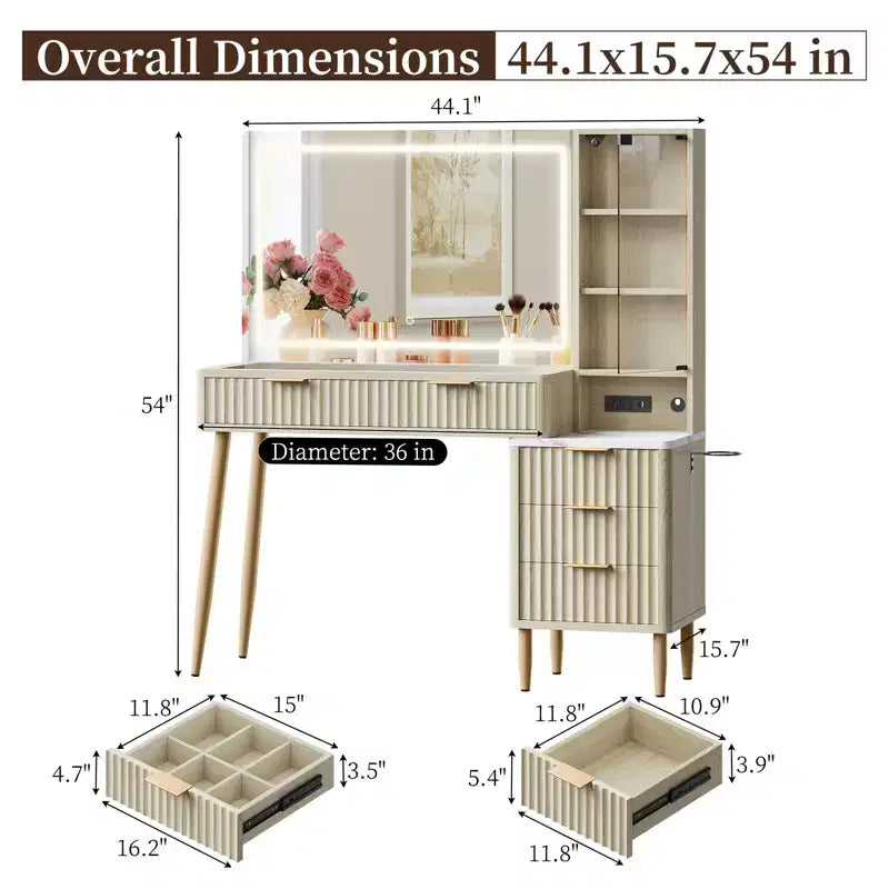 36" Vanity Desk with Lighted Mirror, Wooden Makeup Table with Drawers, White & Oak Finish, LED Mirror for Bedroom
