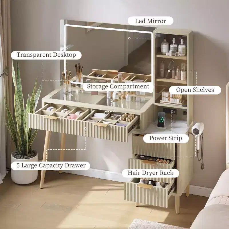 36" Vanity Desk with Lighted Mirror, Wooden Makeup Table with Drawers, White & Oak Finish, LED Mirror for Bedroom