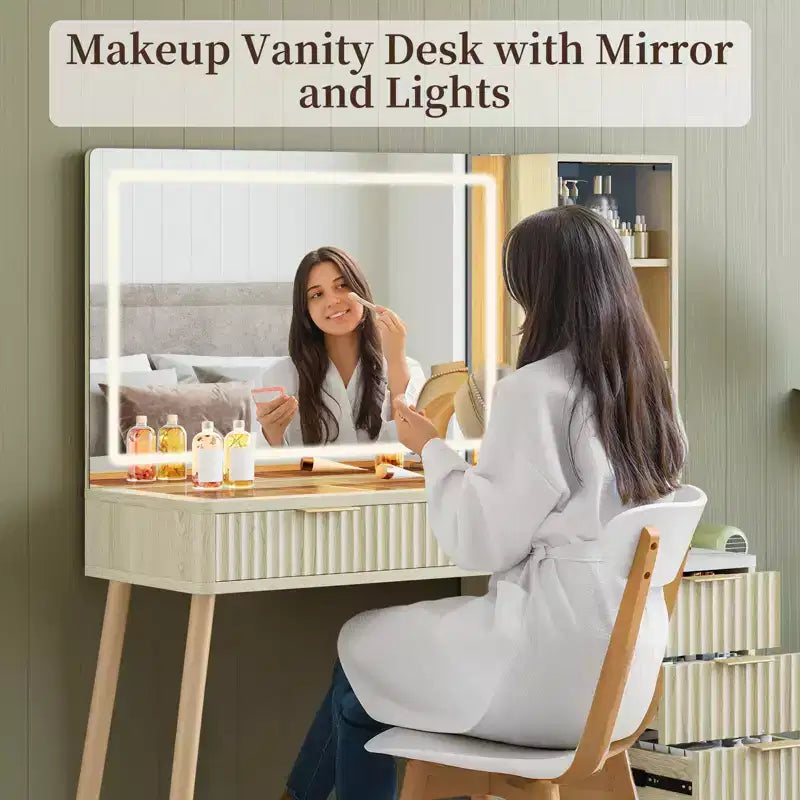 36" Vanity Desk with Lighted Mirror, Wooden Makeup Table with Drawers, White & Oak Finish, LED Mirror for Bedroom
