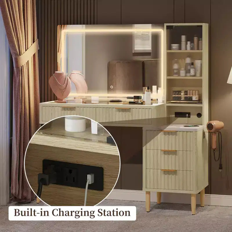 36" Vanity Desk with Lighted Mirror, Wooden Makeup Table with Drawers, White & Oak Finish, LED Mirror for Bedroom