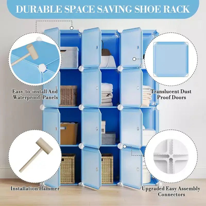 Space-Saving Modular Shoe Storage Cabinet  12-Cube Stackable Organizer with Doors, 4-Tier Portable Stackable Shoe Cabinet, For Bedroom, Living Room
