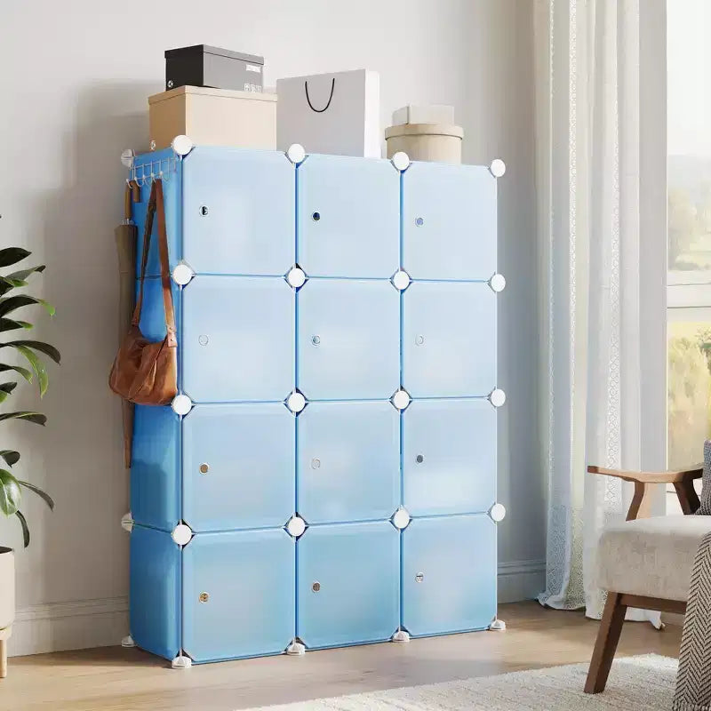 Space-Saving Modular Shoe Storage Cabinet  12-Cube Stackable Organizer with Doors, 4-Tier Portable Stackable Shoe Cabinet, For Bedroom, Living Room