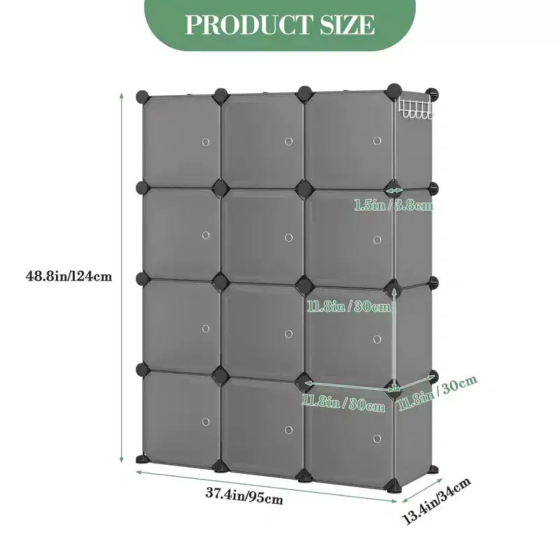 Space-Saving Modular Shoe Storage Cabinet  12-Cube Stackable Organizer with Doors, 4-Tier Portable Stackable Shoe Cabinet, For Bedroom, Living Room