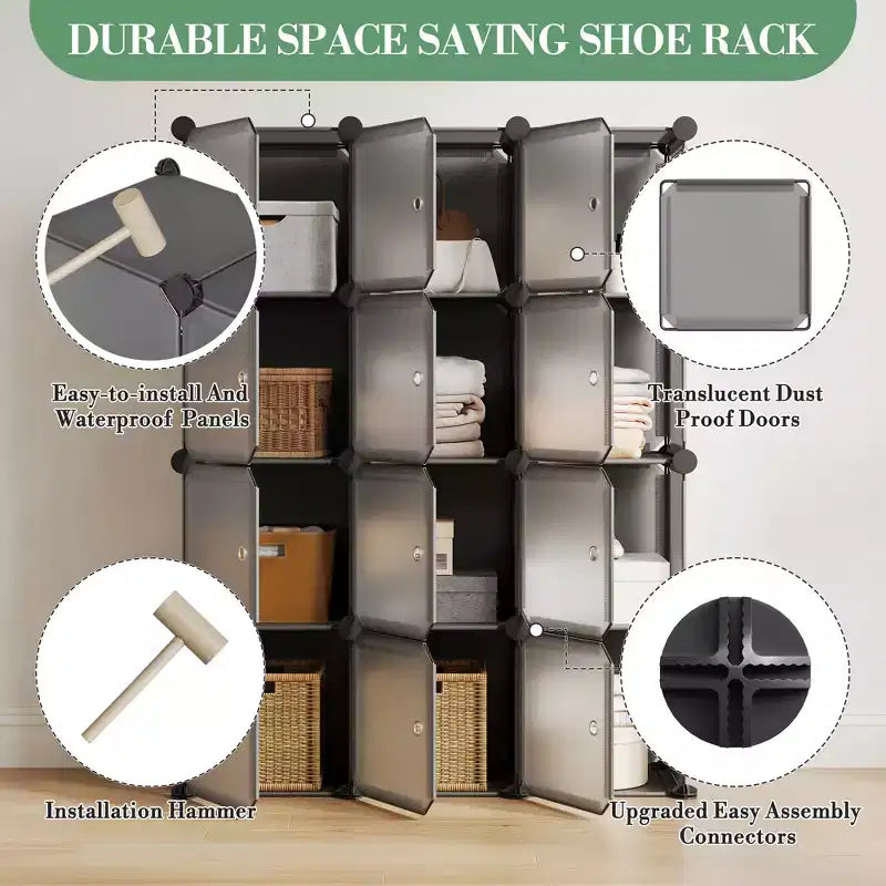 Space-Saving Modular Shoe Storage Cabinet  12-Cube Stackable Organizer with Doors, 4-Tier Portable Stackable Shoe Cabinet, For Bedroom, Living Room