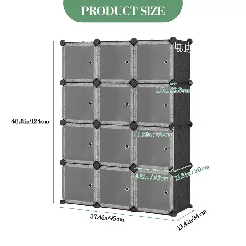 Space-Saving Modular Shoe Storage Cabinet  12-Cube Stackable Organizer with Doors, 4-Tier Portable Stackable Shoe Cabinet, For Bedroom, Living Room