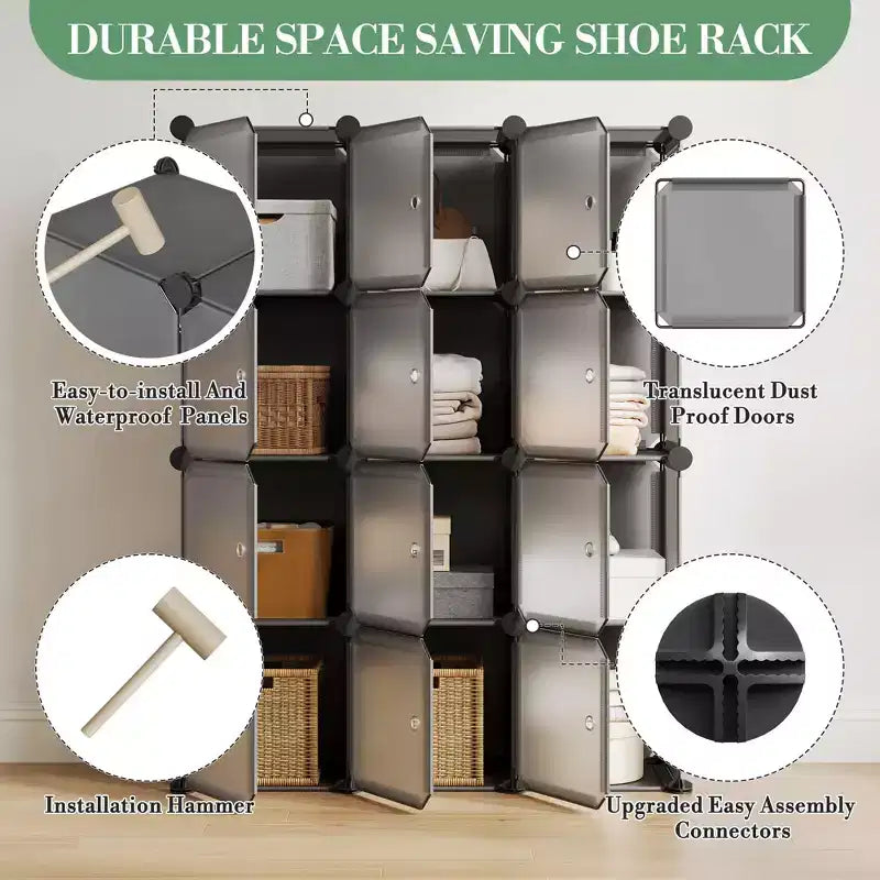 Space-Saving Modular Shoe Storage Cabinet  12-Cube Stackable Organizer with Doors, 4-Tier Portable Stackable Shoe Cabinet, For Bedroom, Living Room