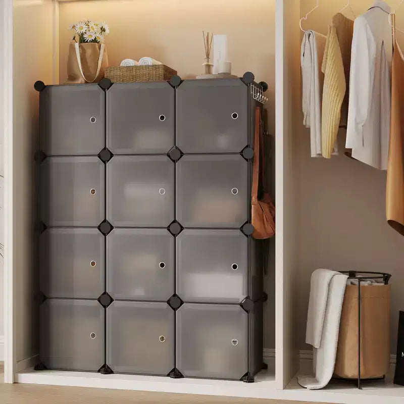 Space-Saving Modular Shoe Storage Cabinet  12-Cube Stackable Organizer with Doors, 4-Tier Portable Stackable Shoe Cabinet, For Bedroom, Living Room