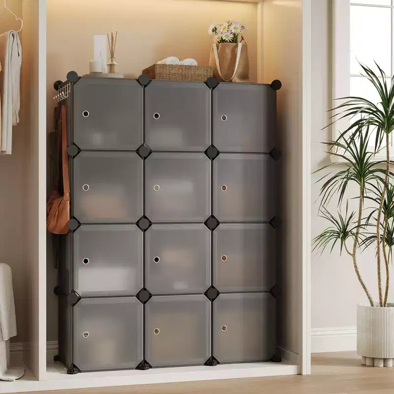 Space-Saving Modular Shoe Storage Cabinet  12-Cube Stackable Organizer with Doors, 4-Tier Portable Stackable Shoe Cabinet, For Bedroom, Living Room