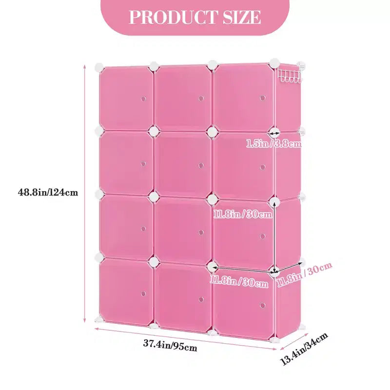 Space-Saving Modular Shoe Storage Cabinet  12-Cube Stackable Organizer with Doors, 4-Tier Portable Stackable Shoe Cabinet, For Bedroom, Living Room