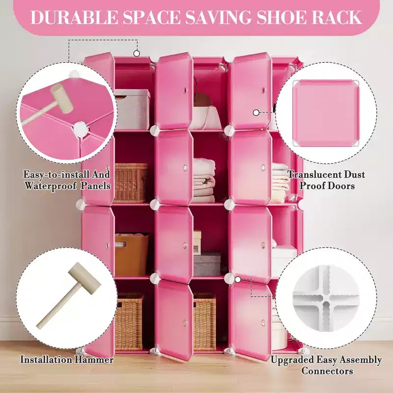 Space-Saving Modular Shoe Storage Cabinet  12-Cube Stackable Organizer with Doors, 4-Tier Portable Stackable Shoe Cabinet, For Bedroom, Living Room