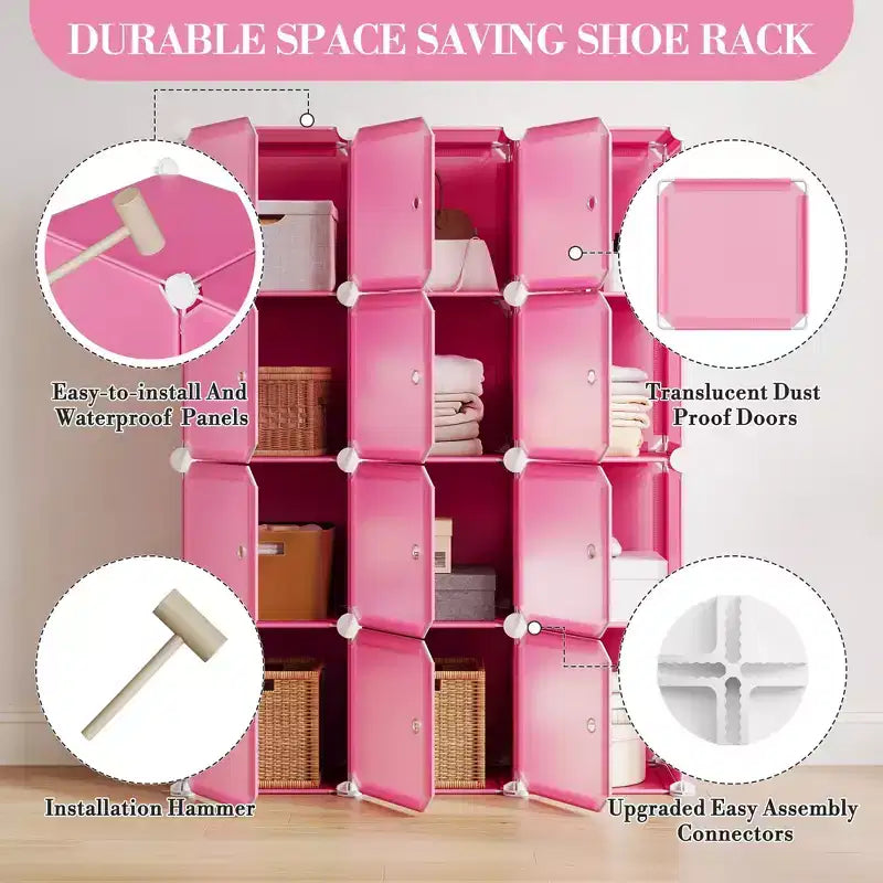 Space-Saving Modular Shoe Storage Cabinet  12-Cube Stackable Organizer with Doors, 4-Tier Portable Stackable Shoe Cabinet, For Bedroom, Living Room