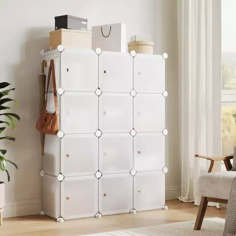Space-Saving Modular Shoe Storage Cabinet  12-Cube Stackable Organizer with Doors, 4-Tier Portable Stackable Shoe Cabinet, For Bedroom, Living Room