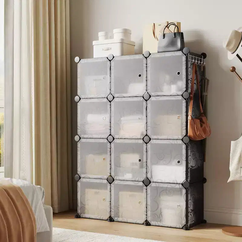 Space-Saving Modular Shoe Storage Cabinet  12-Cube Stackable Organizer with Doors, 4-Tier Portable Stackable Shoe Cabinet, For Bedroom, Living Room