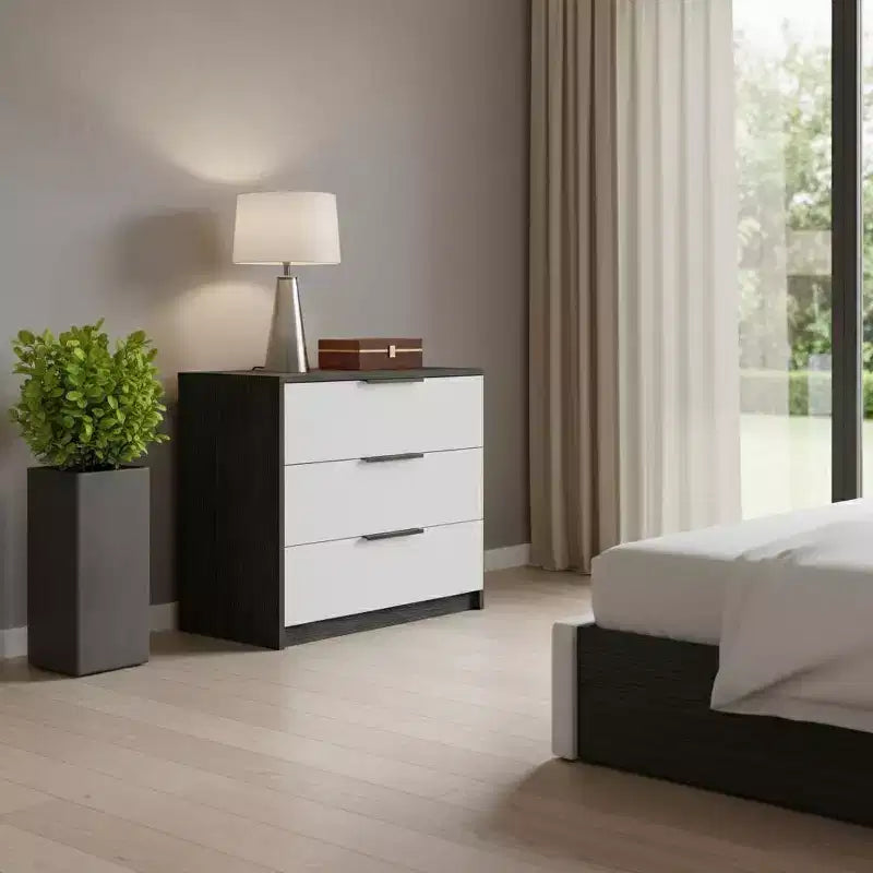 28 White and Smokey Oak Manufactured Wood Three Drawer Dresser