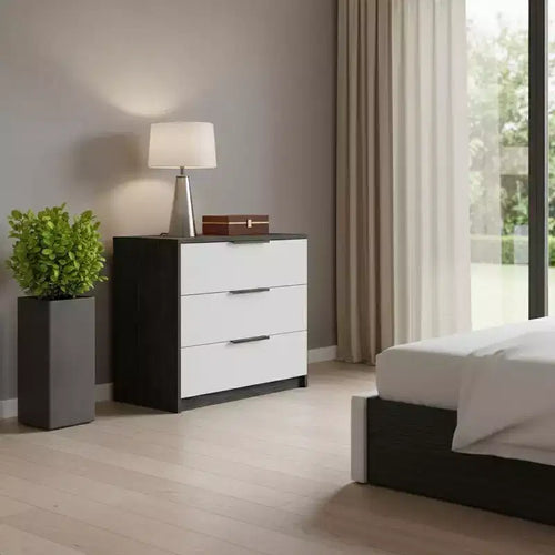 28 White and Smokey Oak Manufactured Wood Three Drawer Dresser
