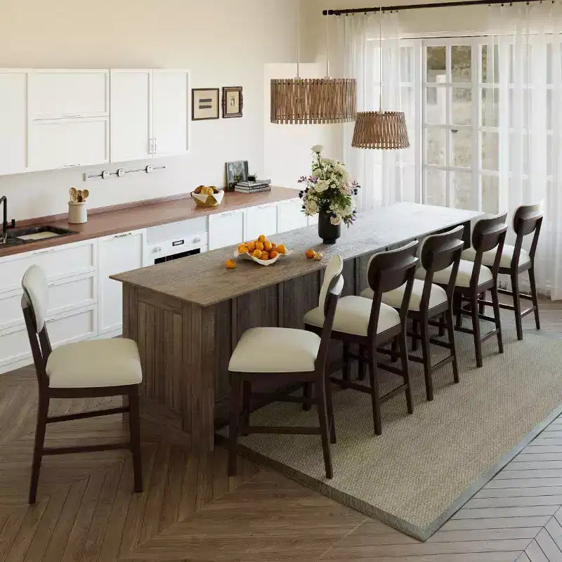 Solid Wood Bar Stools Modern Farmhouse Upholstered Counter Height Chairs with Curved Back and Footrest