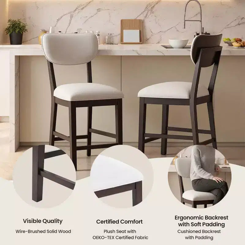 Solid Wood Bar Stools Modern Farmhouse Upholstered Counter Height Chairs with Curved Back and Footrest