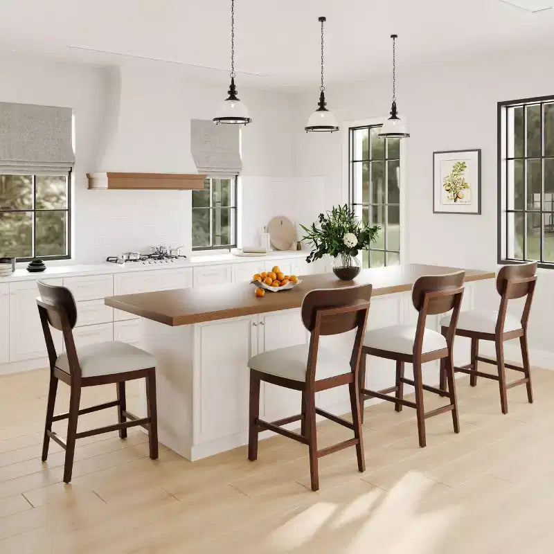 Solid Wood Bar Stools Modern Farmhouse Upholstered Counter Height Chairs with Curved Back and Footrest