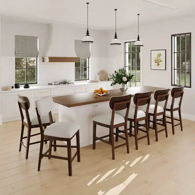 Solid Wood Bar Stools Modern Farmhouse Upholstered Counter Height Chairs with Curved Back and Footrest