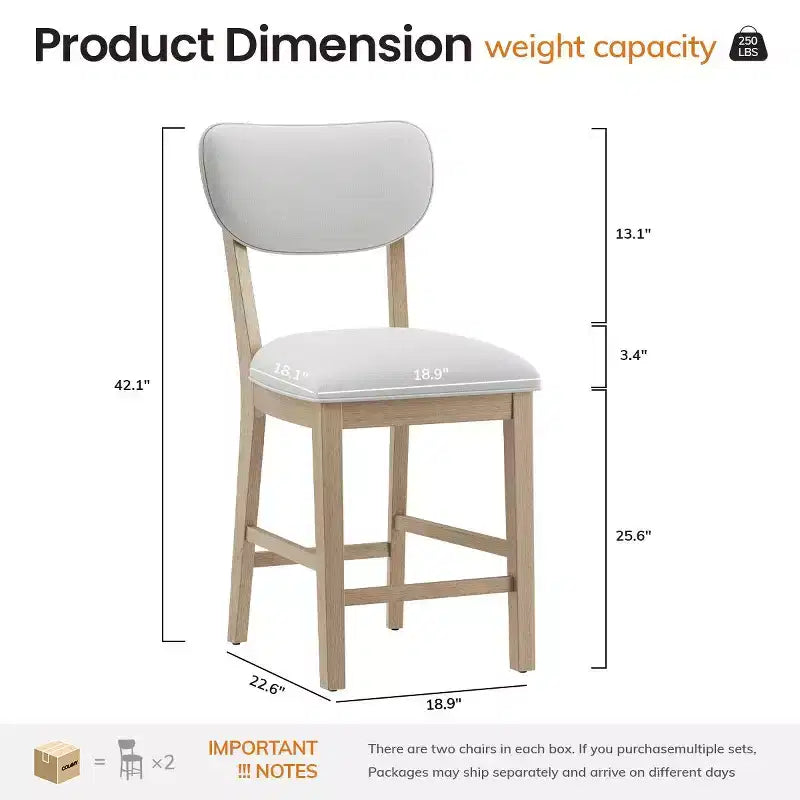 Solid Wood Bar Stools Modern Farmhouse Upholstered Counter Height Chairs with Curved Back and Footrest