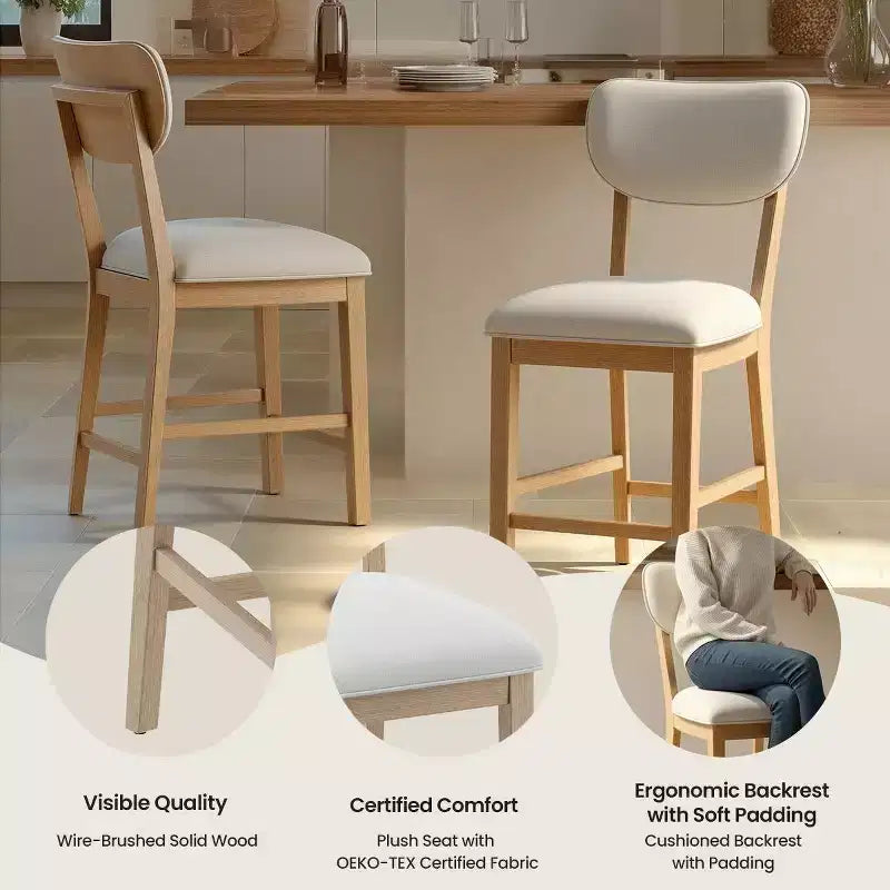 Solid Wood Bar Stools Modern Farmhouse Upholstered Counter Height Chairs with Curved Back and Footrest