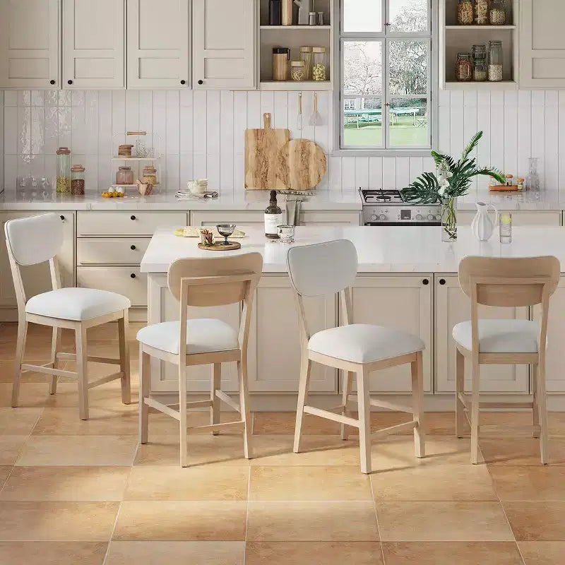 Solid Wood Bar Stools Modern Farmhouse Upholstered Counter Height Chairs with Curved Back and Footrest