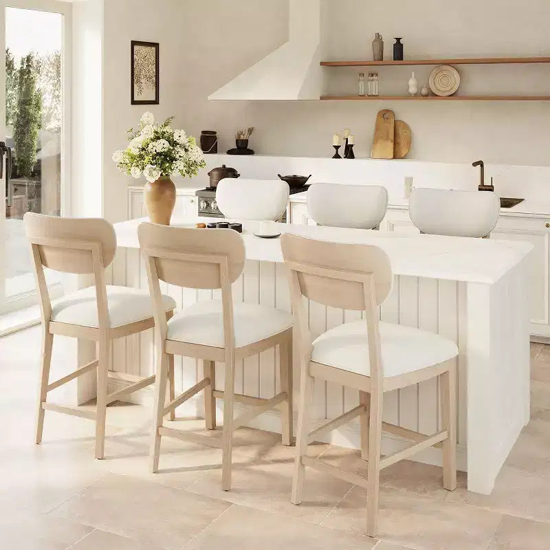 Solid Wood Bar Stools Modern Farmhouse Upholstered Counter Height Chairs with Curved Back and Footrest