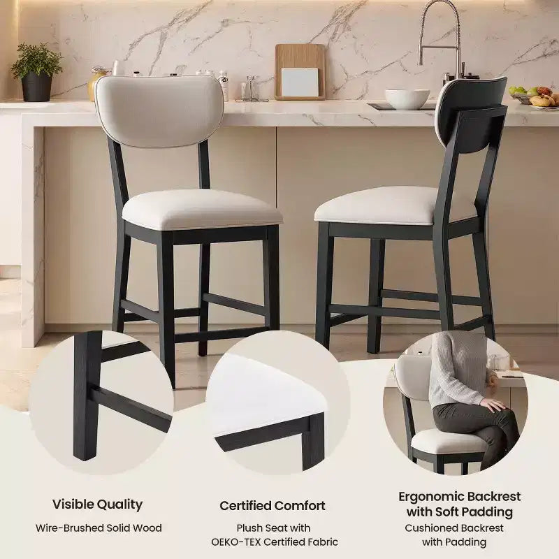 Solid Wood Bar Stools Modern Farmhouse Upholstered Counter Height Chairs with Curved Back and Footrest