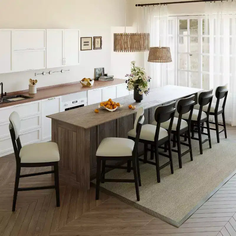 Solid Wood Bar Stools Modern Farmhouse Upholstered Counter Height Chairs with Curved Back and Footrest