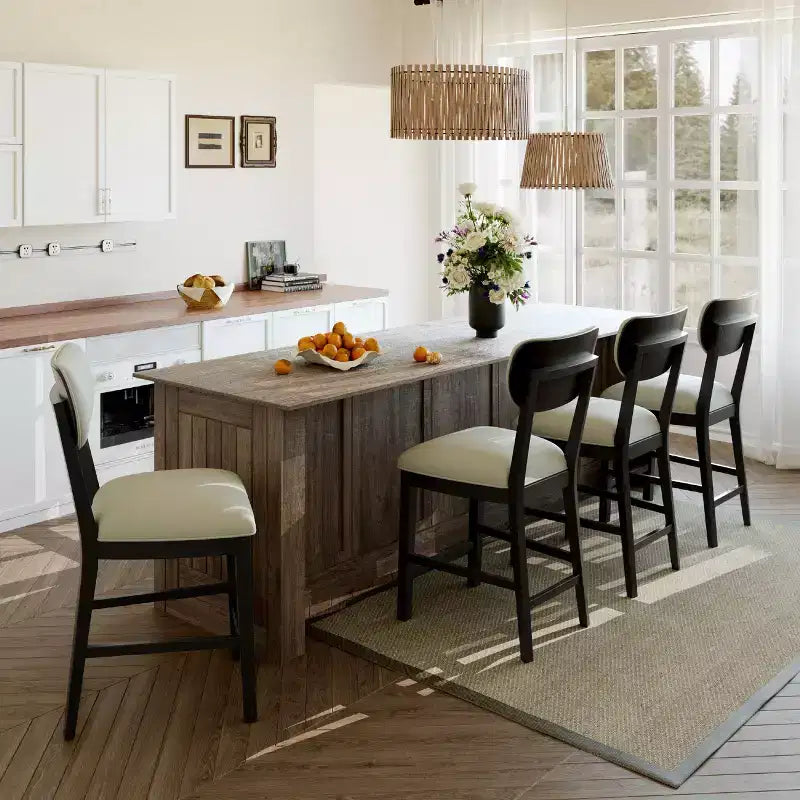 Solid Wood Bar Stools Modern Farmhouse Upholstered Counter Height Chairs with Curved Back and Footrest