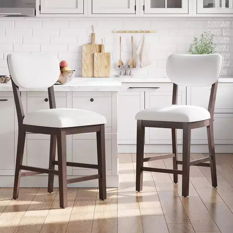 Solid Wood Bar Stools Modern Farmhouse Upholstered Counter Height Chairs with Curved Back and Footrest