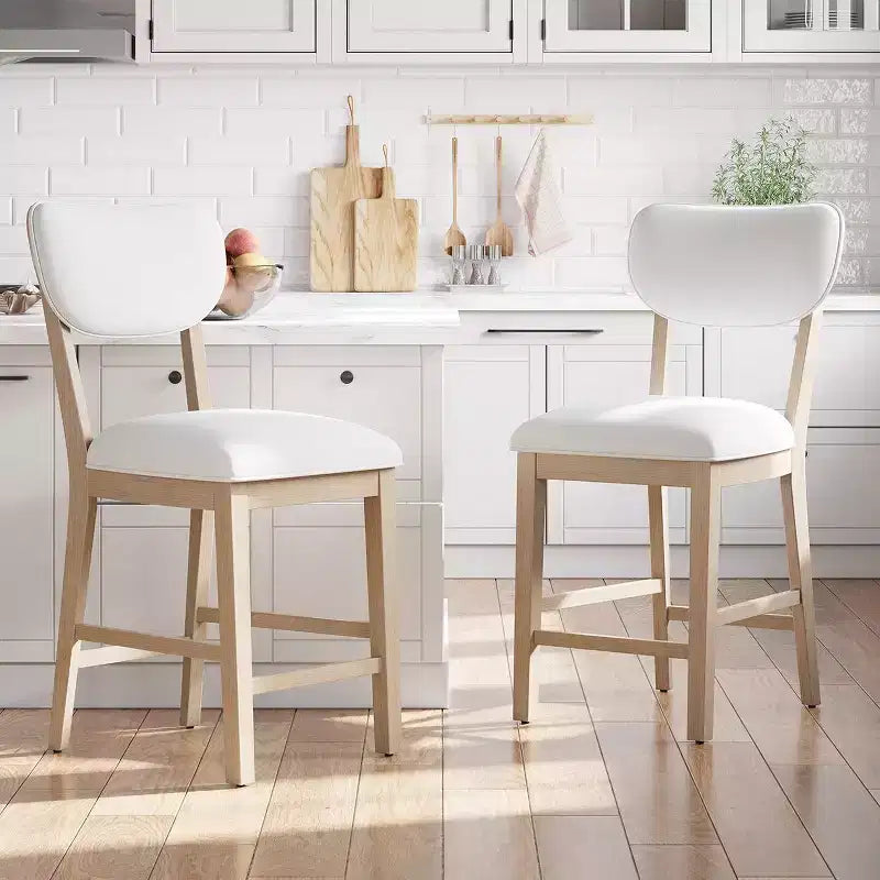 Solid Wood Bar Stools Modern Farmhouse Upholstered Counter Height Chairs with Curved Back and Footrest