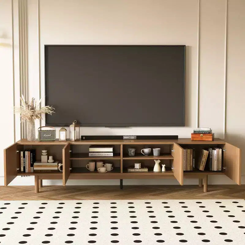 Modern Style 86.61 Fluted Media Console TV Stand with Layered Storage, Removable Shelves & Solid Wood Legs
