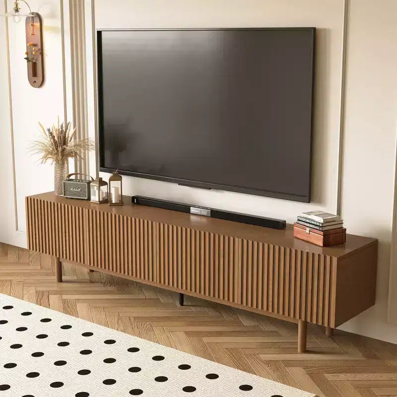 Modern Style 86.61 Fluted Media Console TV Stand with Layered Storage, Removable Shelves & Solid Wood Legs