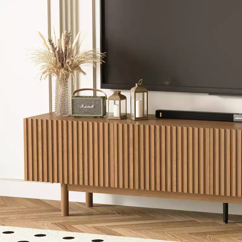 Modern Style 86.61 Fluted Media Console TV Stand with Layered Storage, Removable Shelves & Solid Wood Legs