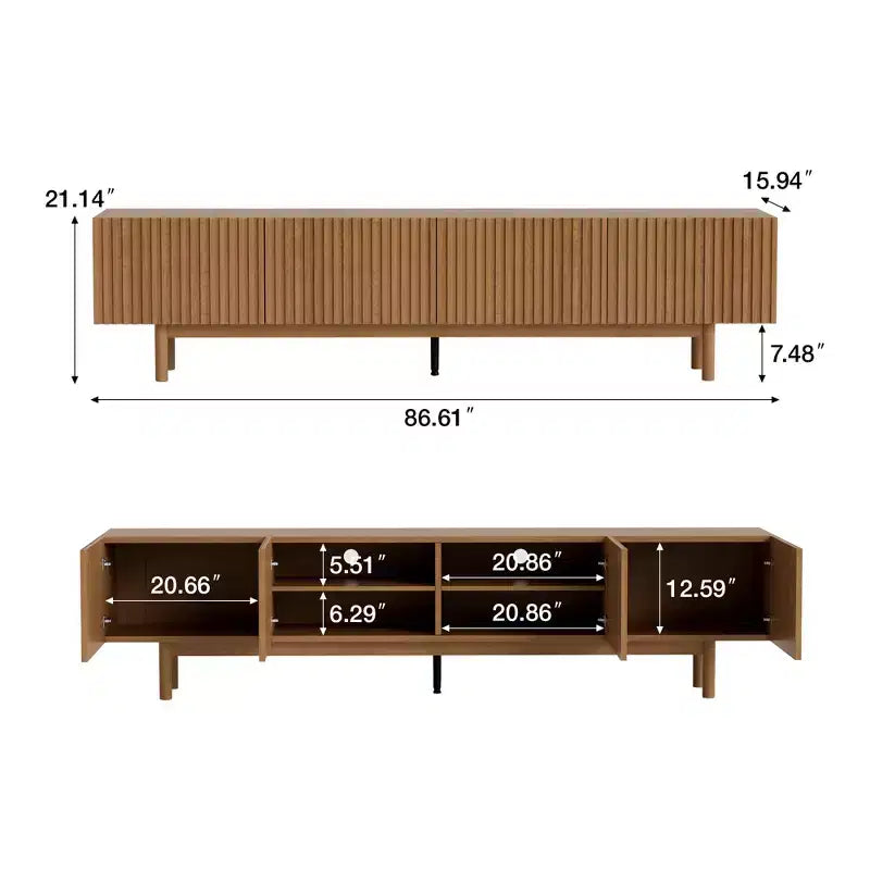 Modern Style 86.61 Fluted Media Console TV Stand with Layered Storage, Removable Shelves & Solid Wood Legs