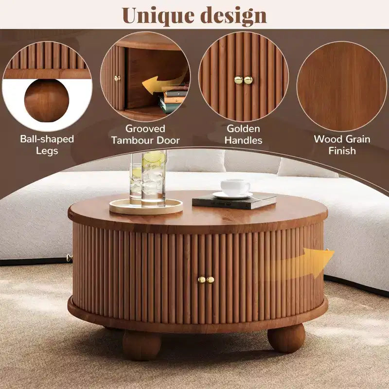 31.8 Modern Coffee Table, Round Fluted Center Table with Storage, Wooden Cocktail End Table for Living Room Bedroom Office