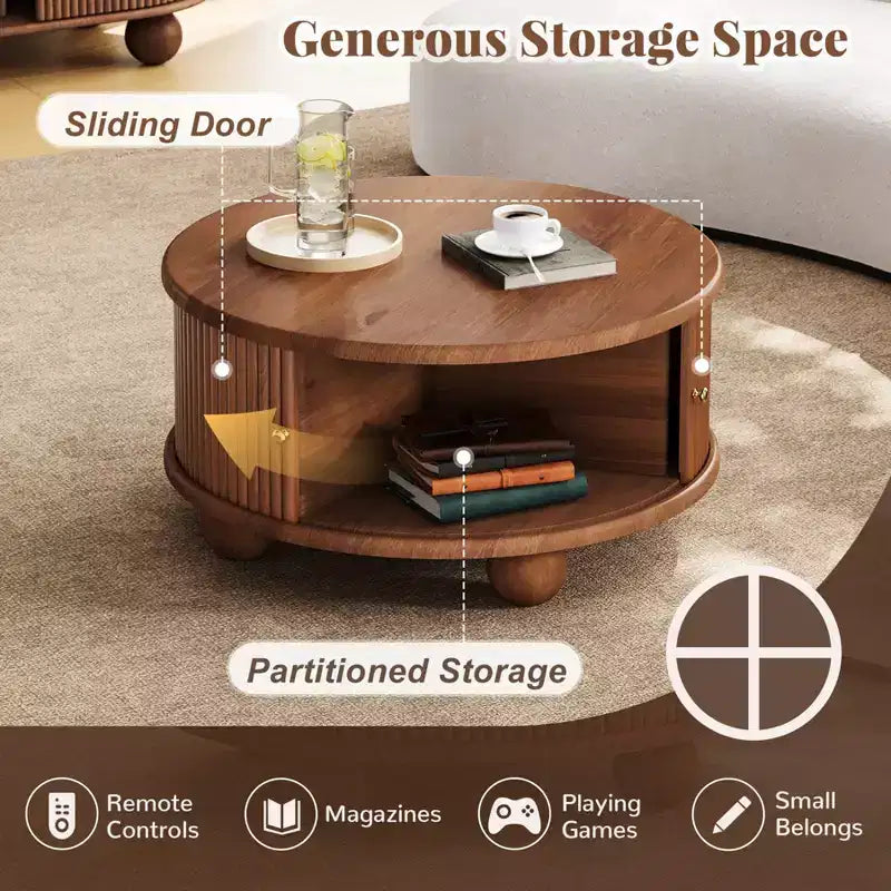 31.8 Modern Coffee Table, Round Fluted Center Table with Storage, Wooden Cocktail End Table for Living Room Bedroom Office